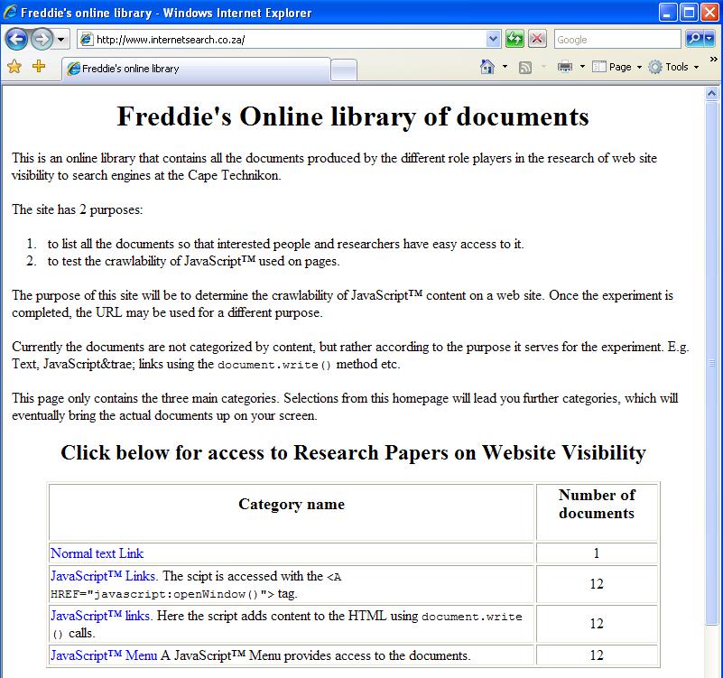 Figure 1: The Home page of the experimental Web site (www.internetsearch.co.za)