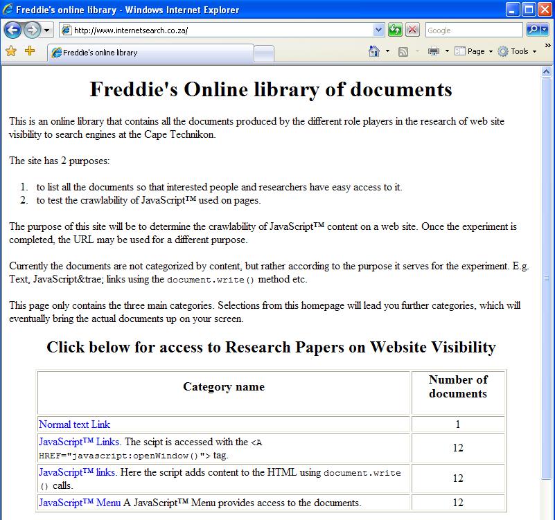 Figure 1: The Home page of the experimental Web site (www.internetsearch.co.za)