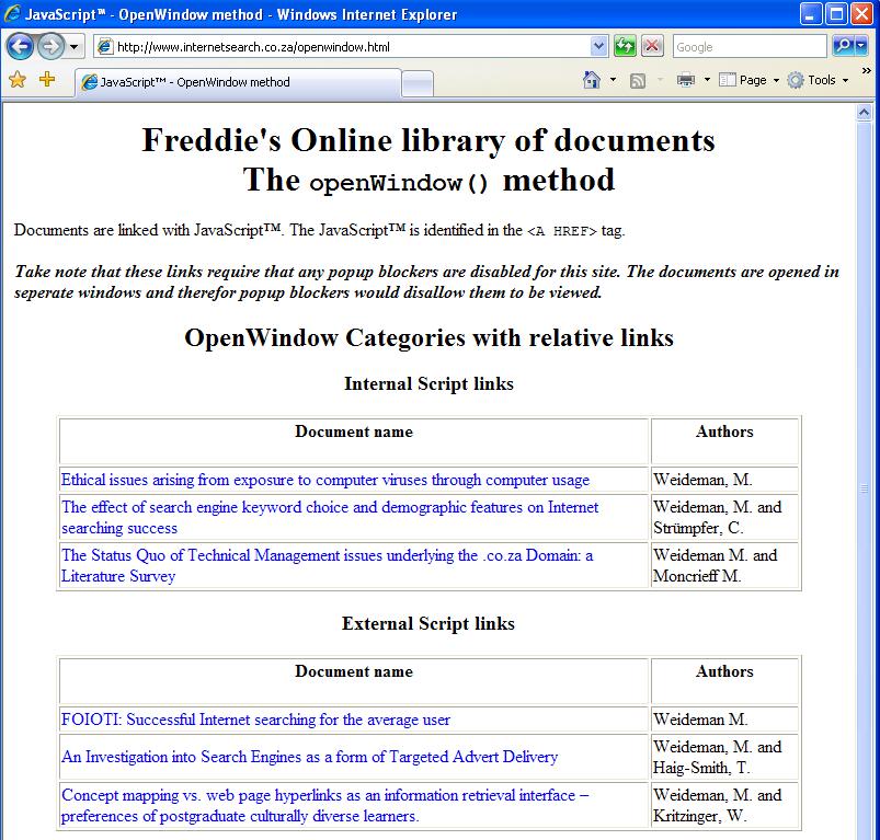Figure 2: The page using JavaScript™ in the 'open window ()' method