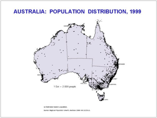 Figure 2. The heavily coastal organization of information science resembles the population distribution of Australia