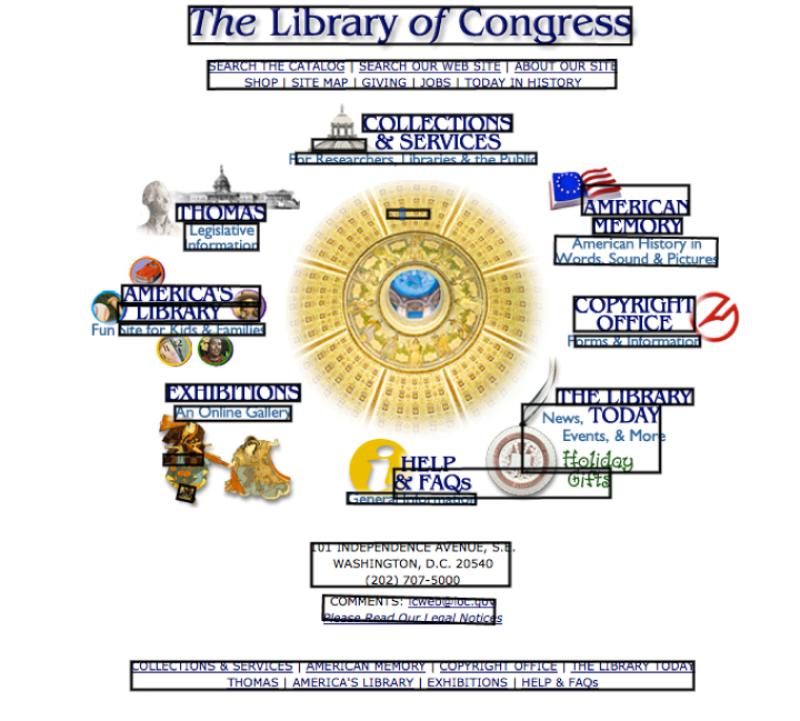 Figure 1: Library of Congress Website from year 2002, with text areas highlighted with black bounding boxes.  Webpage is 23.33% text using this method.