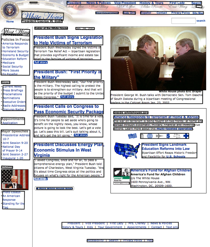 Figure 2.  WhiteHouse.gov from 2002 with text areas highlighted with black bounding boxes. Webpage is 46.10% text using this method.