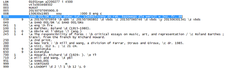 Figure 5: Memo genre text (009 field) in Polish national union catalogue record