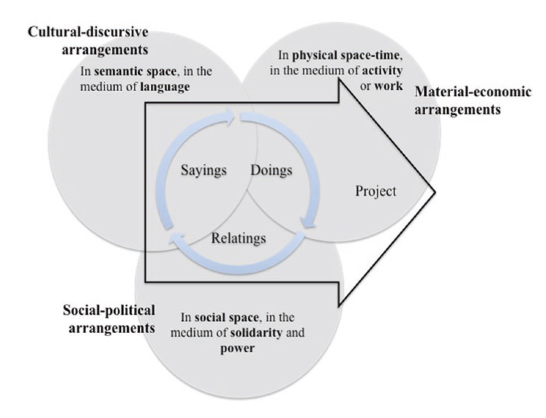 The media and spaces in which sayings, doings, and relatings exist