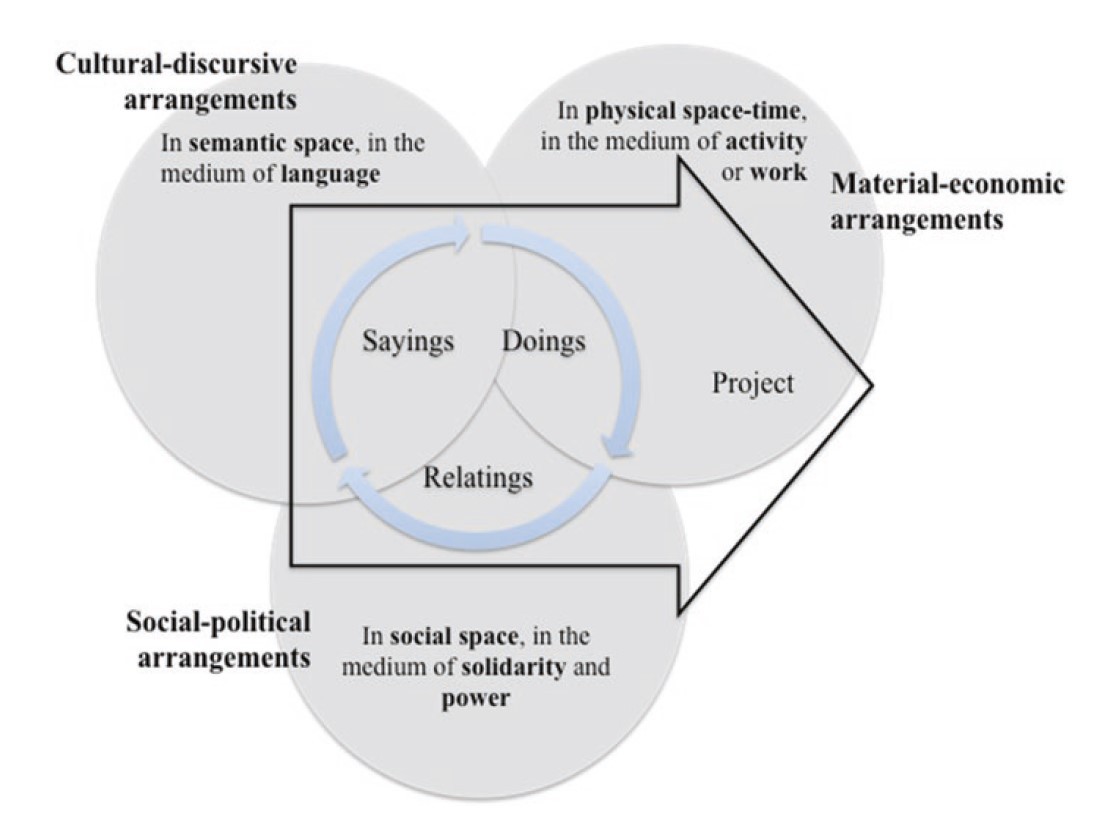  The media and spaces in which sayings, doings, and relatings exist