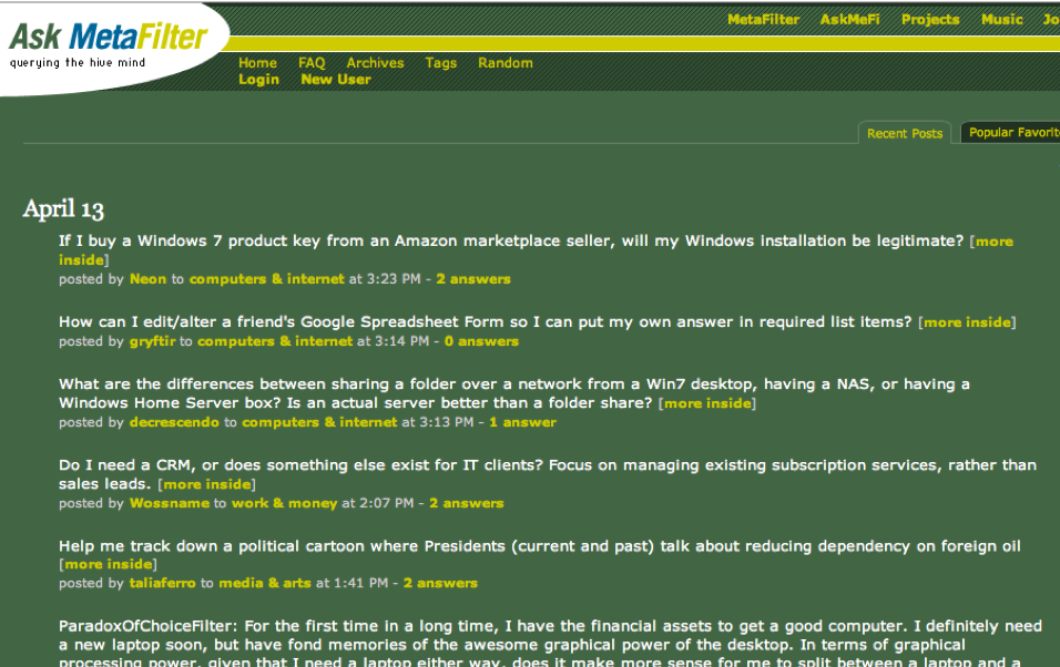 Figure 1: Screenshot of the Ask Metafilter homepage